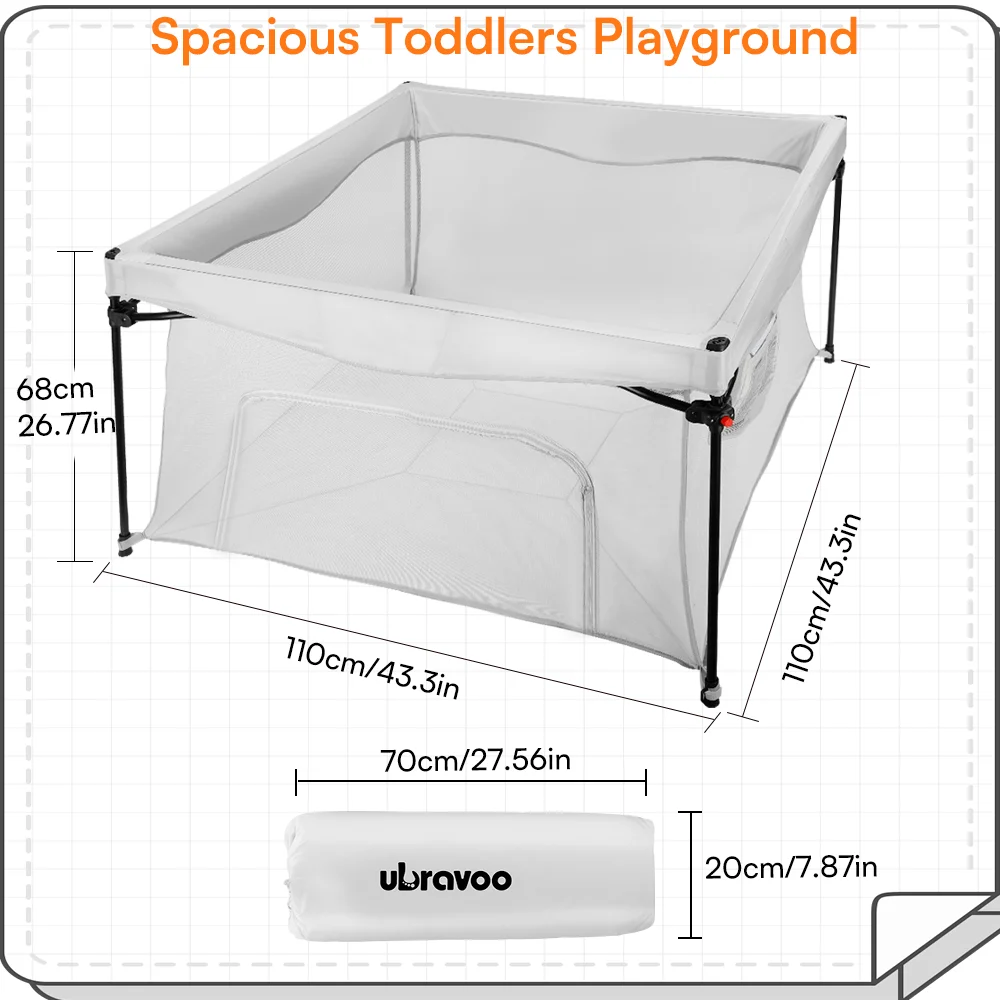 UBRAVOO 보관 가방이 있는 아기 놀이펜, 실내 및 실외 어린이, 유아 활동 센터, 접이식 및 휴대용, 회색