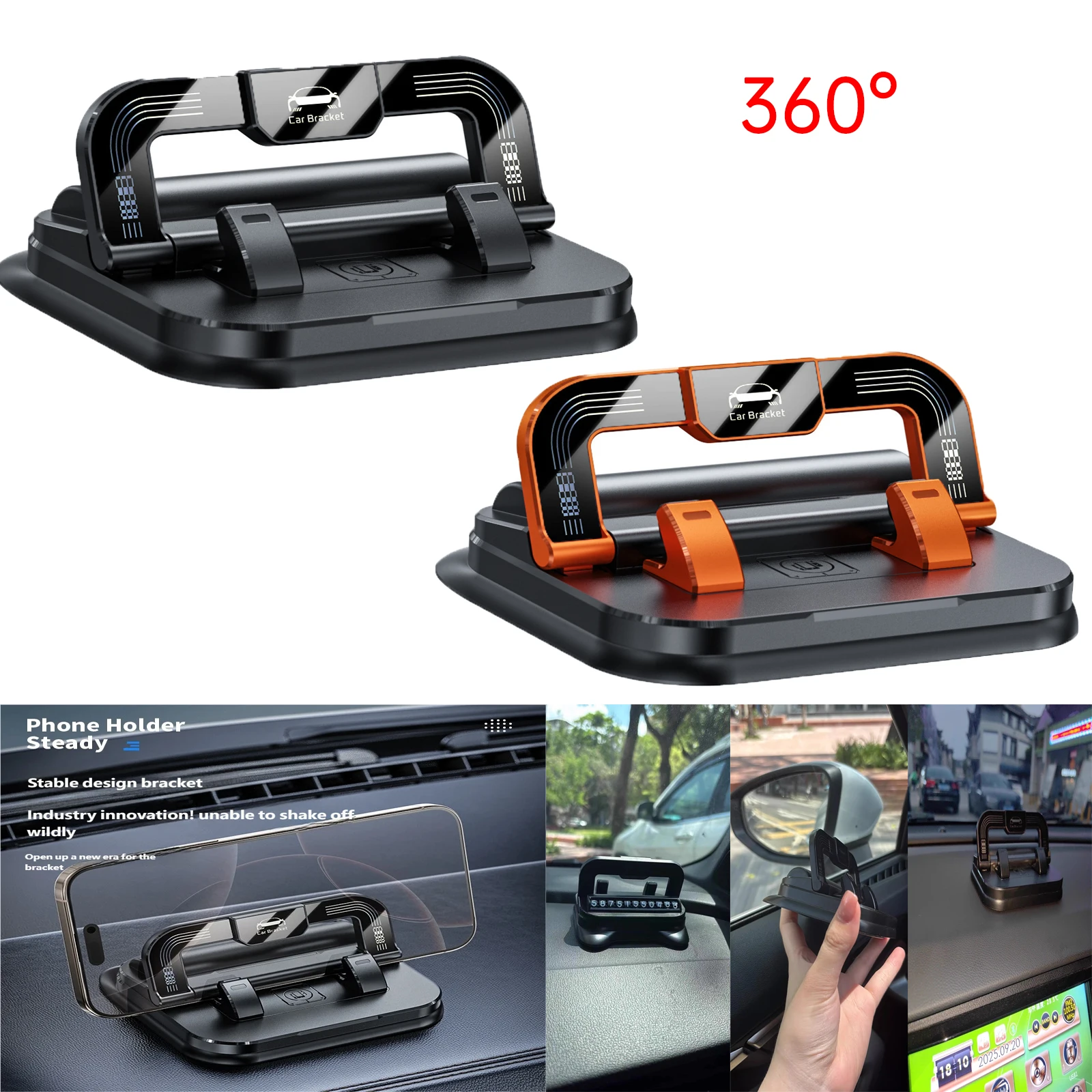 

2in1 Dashboard Car Phone Holder 360 Rotation Navigation Phone Bracket Non-slip Silicone Mount Parking Phone Number Plate