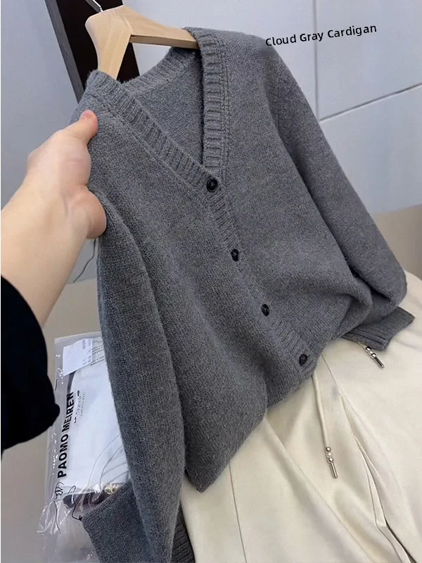 

Cloud Grey Knitted Open Cardigan Loose Fit Fashionable Lazy Style Spring 2026 Women's Polyester Fiber V-Neck Long Sleeve