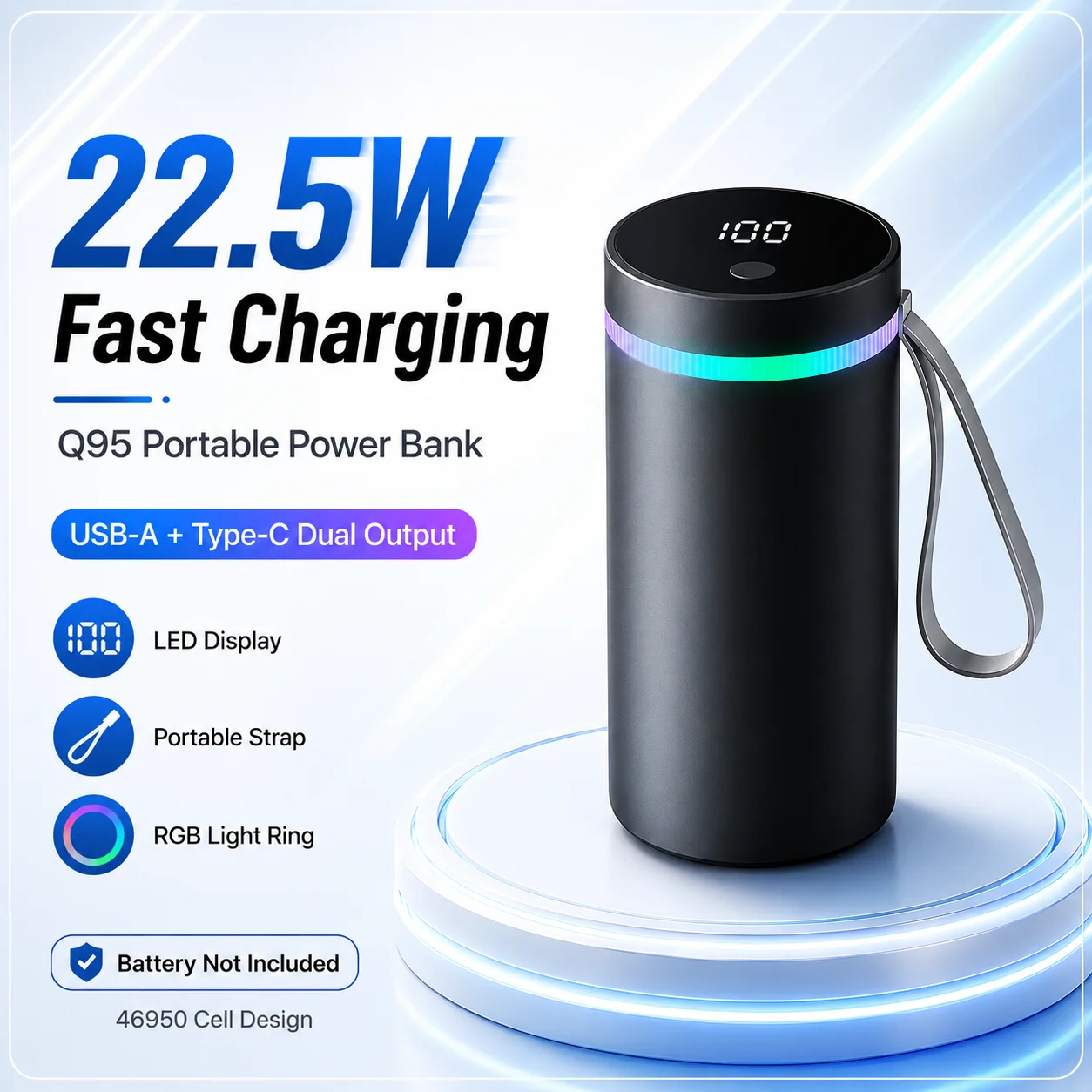 Removable DIY Power Bank Shell 22.5W Fast Charging With LED Display RGB‑Ring Portable Kit For Camping Outdoor Travel, No Battery