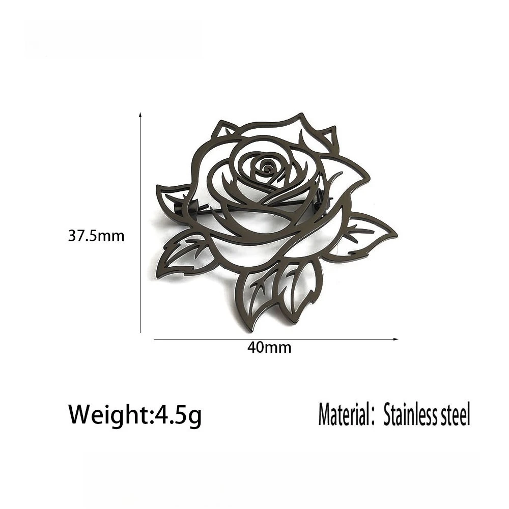 Hollow Rose Flower Brooch Stainless Steel Pin Gold Black Silver Color Elegant Floral Badge for Suit Coat Wedding Jewelry