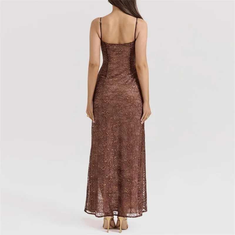 Spaghetti Strap Deep-V Neck Lace Women's Prom Dress High Split Backless Party Gown Unique Brown Evening Dress Spicy New Design