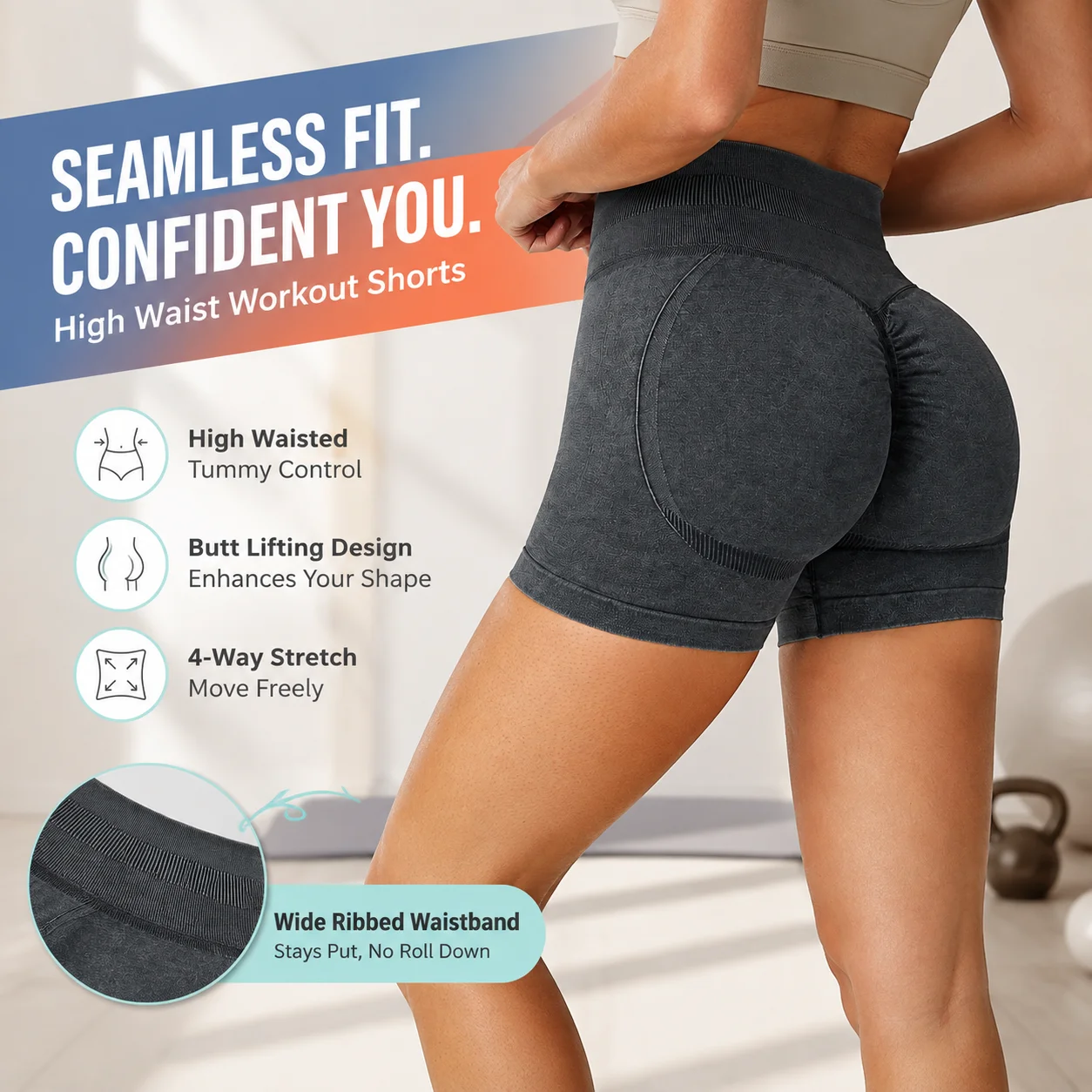 Women's Seamless High Waist Gym Shorts, Ribbed Tummy Control Yoga Biker Shorts, Scrunch Butt Lifting Workout Pants