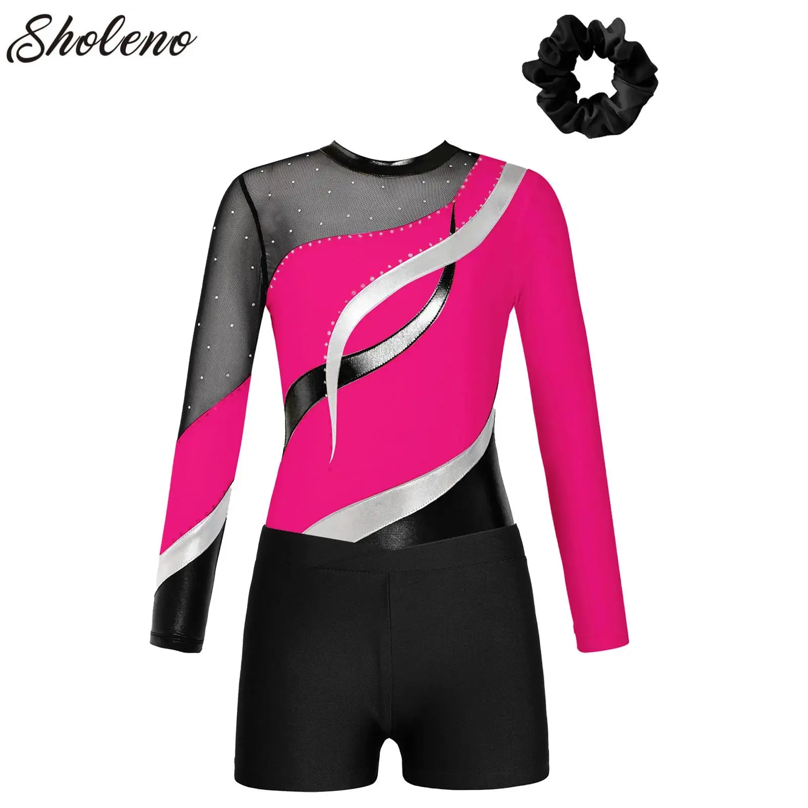 

Kids Girls Long Sleeve Gymnastics Leotards with Workout Shorts Ballet Dancewear Gym Training Rhinestone Bodysuit Sports Jumpsuit