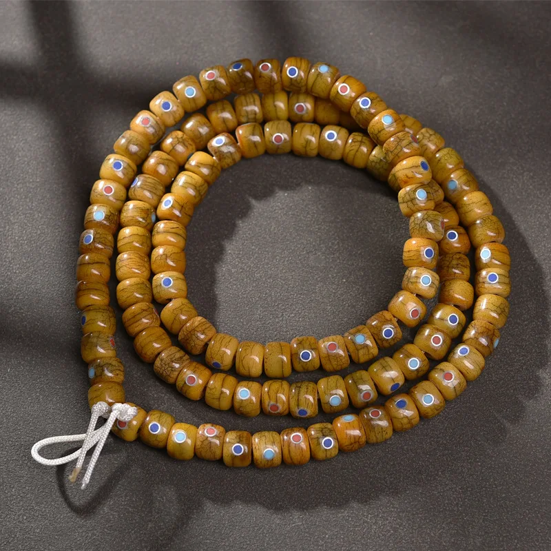 DIY semi-finished yak 108-bead Buddhist prayer , handcrafted multi-gem inlaid barrel beads, recycled bone and camel bo