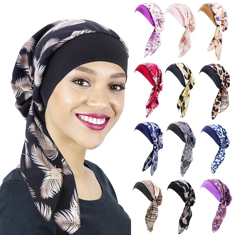 

Women Muslim Headwear Turbans Silky Head Scarf With Wide Band Printed Sleeping Hat Hijab Bonnet Hair Cover Ready To Wear