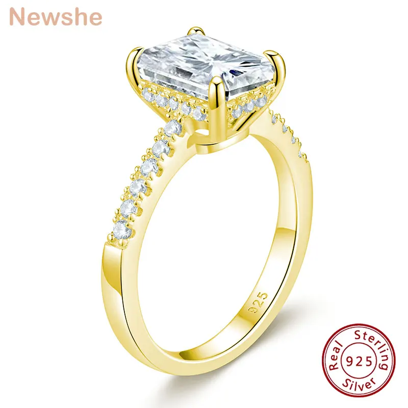 Newshe Yellow Gold Solid 925 Silver 3 Carats Emerald Cut Engagement Rings for Women CZ Simulated Diamond Fine Jewelry