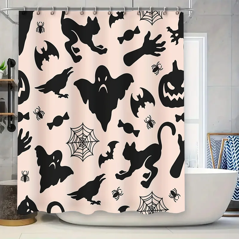 

Halloween-themed shower curtain with ghostly designs for spooky bathroom decoration Black Cat Spider Pumpkin Bat Witches Hand Pi