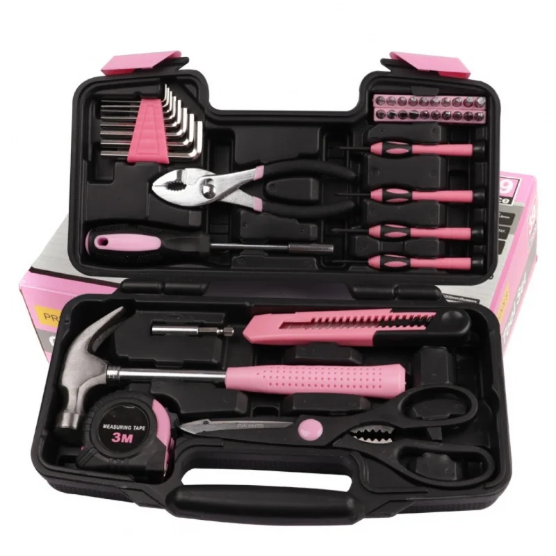 Family Manual Maintenance Toolbox, Household Tool Set, Pink Suit, 39 Pcs