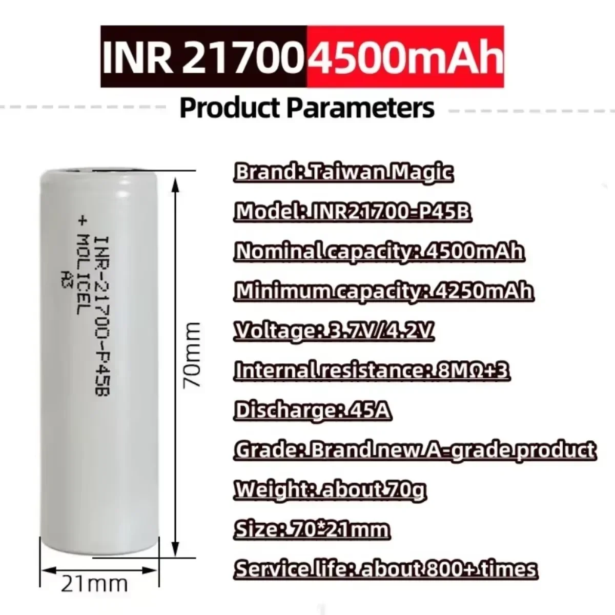 INR 21700P45B 4500mAh 3.7V 10C High Power Discharge High Capacity Rechargeable Li-Ion Battery 21700+ Nickel Chip+Wire