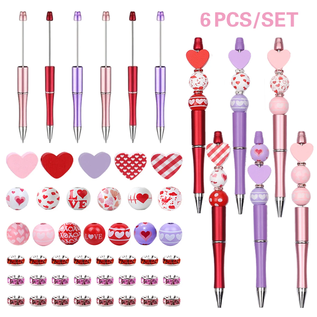 

6pcs/set Red and Purple Love Theme DIY Bead Pen, Valentine's Day Ballpoint Pen, Learning Writing Office