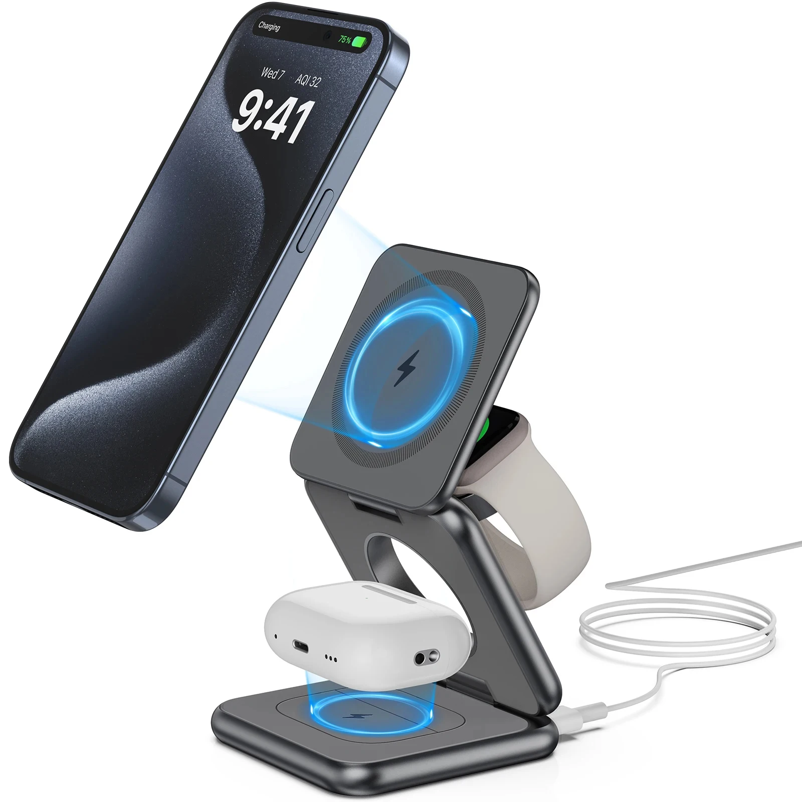 

Headset Watch Phone Charging 3-in-1 Foldable Magnetic Wireless Charger Stand for iPhone 15 14 13 Pro/Max/Plus, AirPods 3/2/Pro,