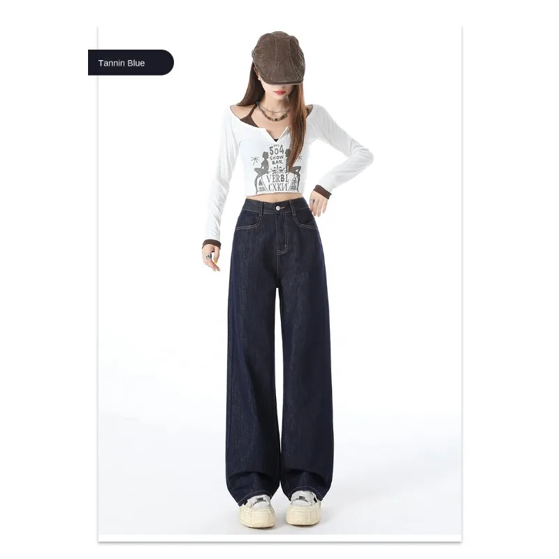 กางเกงยีนส์เอวสูงผู้หญิงขากว้างกางเกงผู้หญิงตรง DROP Feel Underpants Contrast สีผู้หญิงกางเกง Hosen