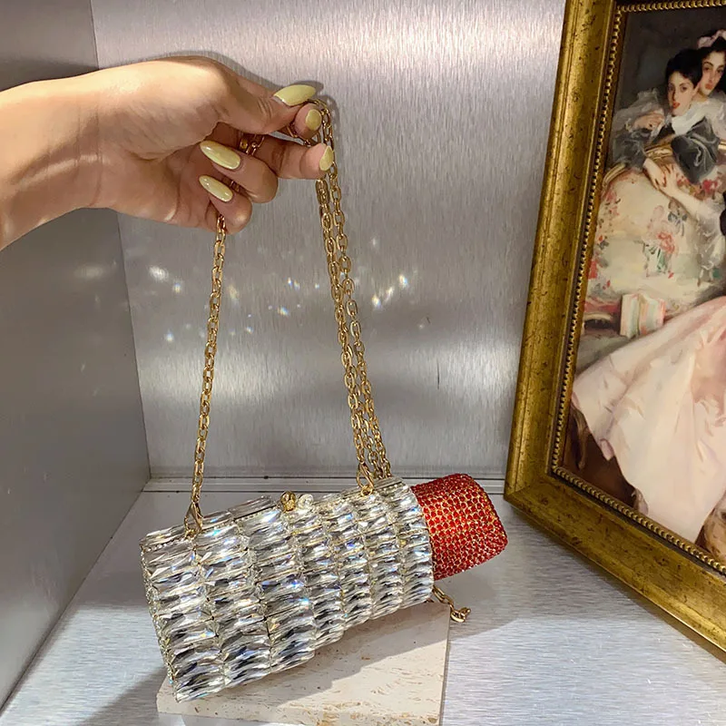 الجدة المرأة أحمر الشفاه شكل مساء حقيبة فاخرة حجر الراين ماسك من الكريستال محفظة لامعة الماس حقيبة يد لحفل الزفاف #3