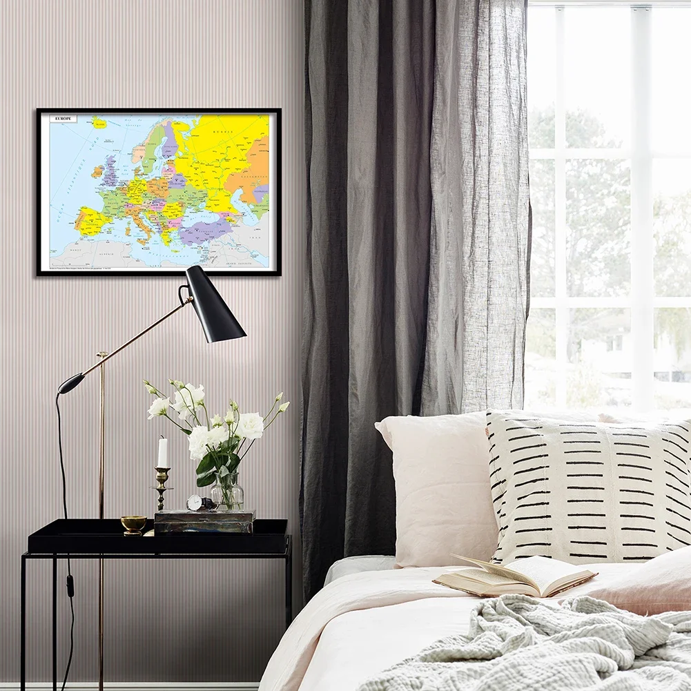 59*42cm mapa europy w języku francuskim malarstwo na płótnie w sprayu Vintage Wall Art plakat szkolne materiały podróżne dekoracja wnętrz