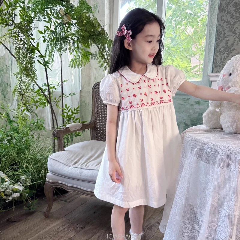 2025 Children White High Waist Red Embroidery Vintage Costume Simple Casual Dresses Clothes Girls Short Sleeve Peter Pan Dress