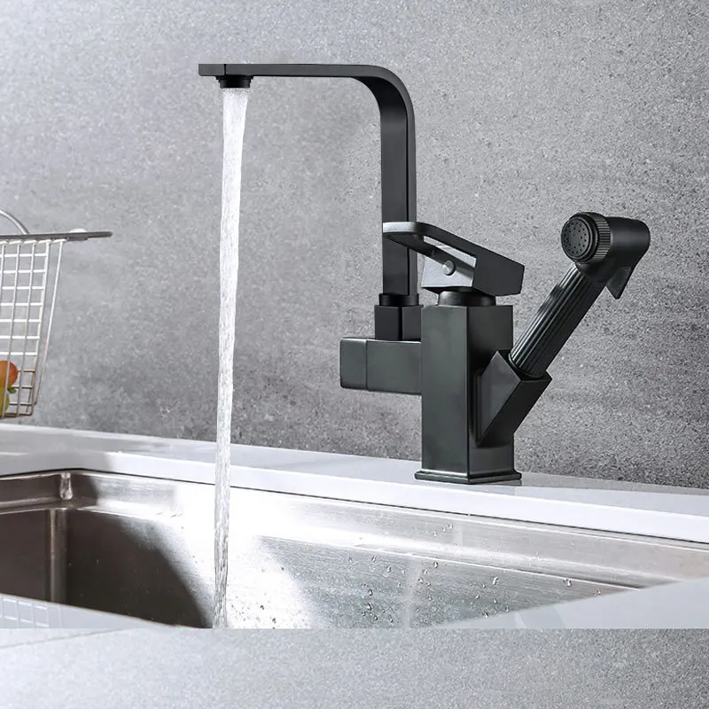 Black Kitchen Sink Faucet Chrome Pull Out Bidet Spray Hot/Cold Water Mixer Tap Rotatable Crane Stainless Steel Taps