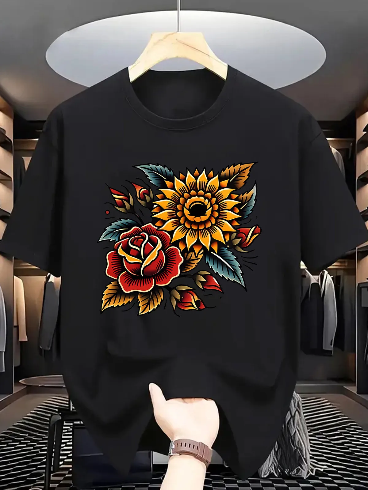 1pc Men'S Summer Casual Crew Neck T-Shirt, 100% Polyester Knit Fabric with Slight Stretch, Regular Fit Floral & Sunflower Print