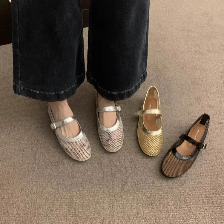 Women Mesh Ballet Falts Shoes 2025 New Breathable Casual and Comfortable Cut-out Mary Jane Single Shoes Summer Fishnet Shoes