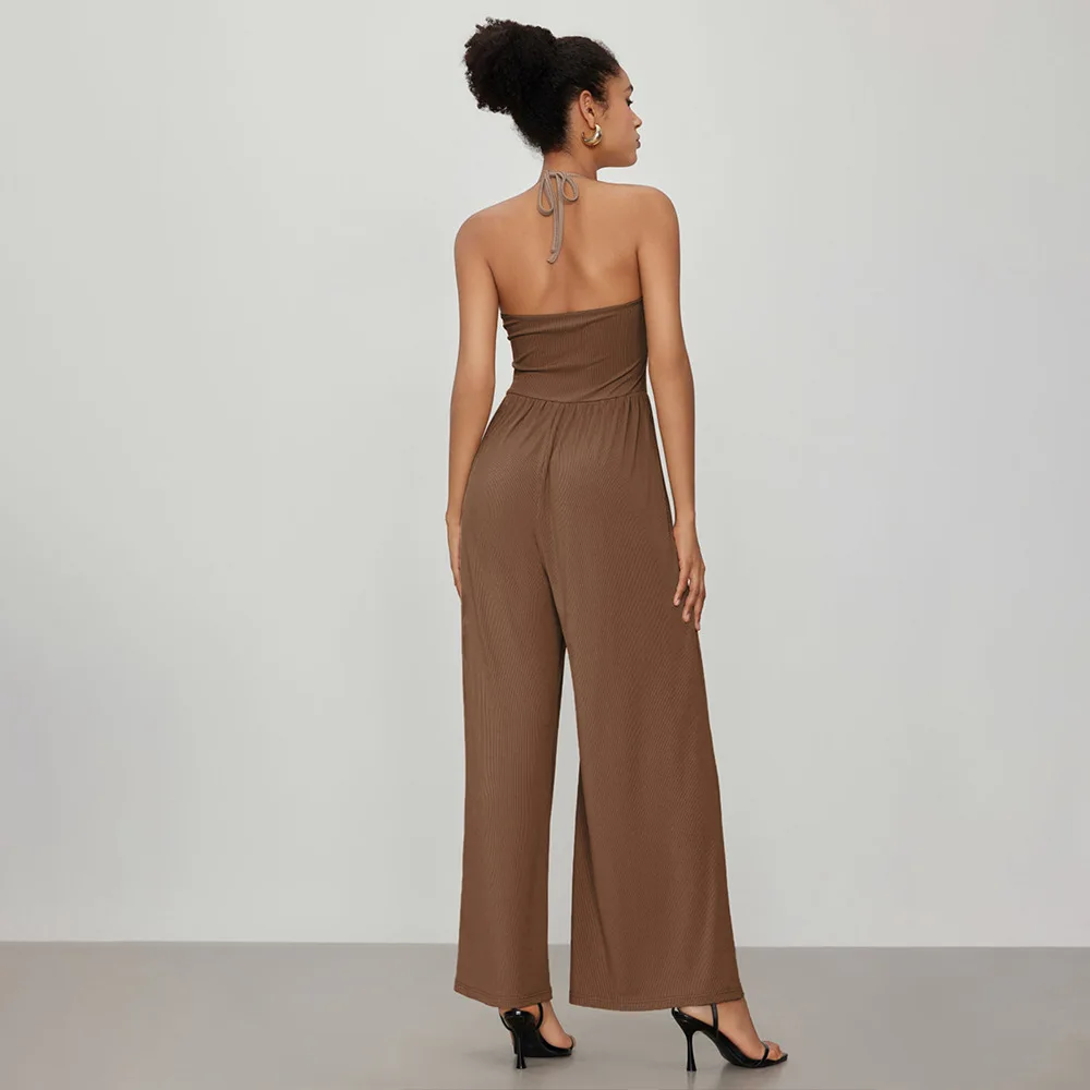 Ribbed Jumpsuit Women Sexy Halter V Neck Long Wide Leg Jumpsuits Pockets High Waist Loose Comfy Lounge Wear One Piece Overalls