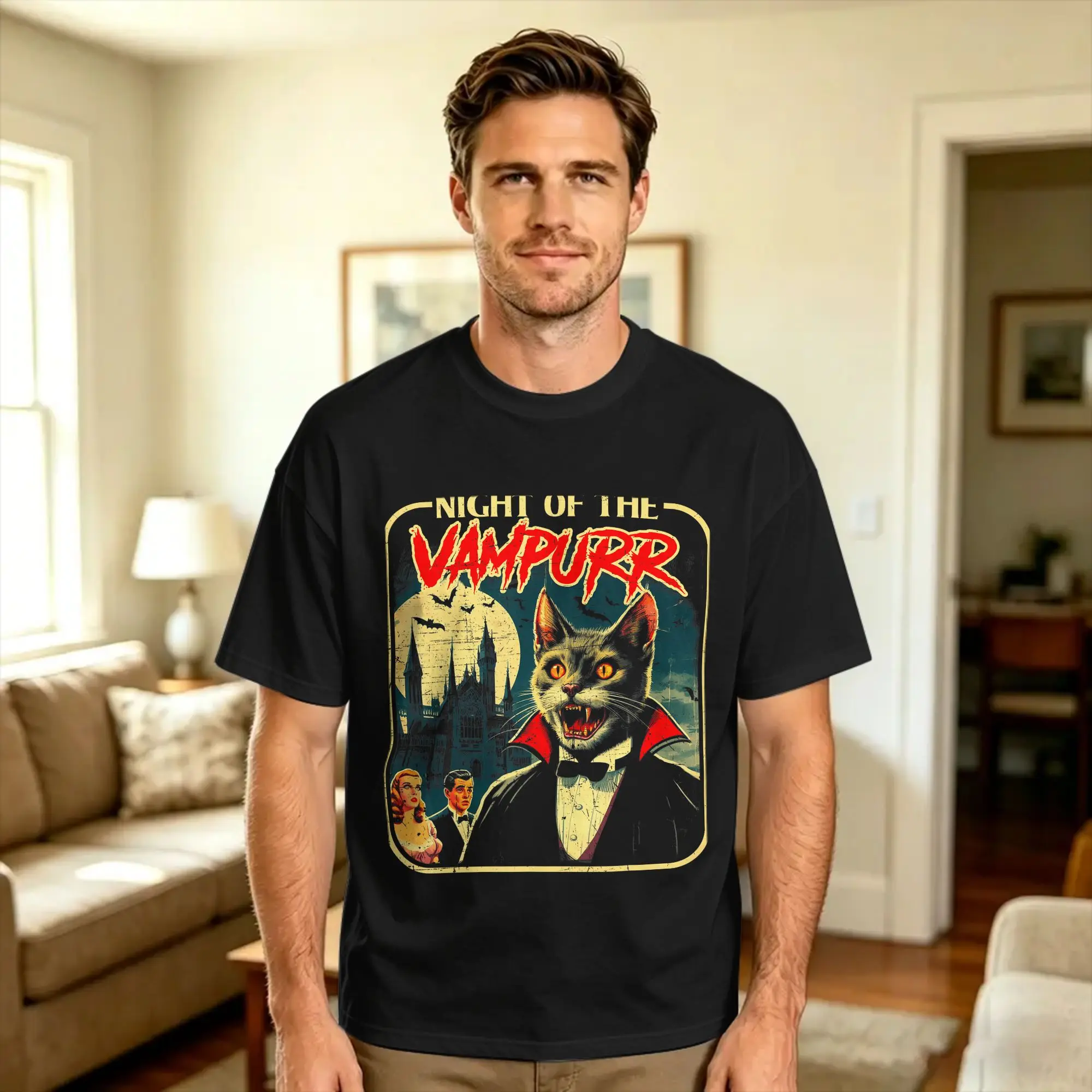 Night of the Vampurr Funny Cat Halloween T Shirt Summer  Trending T-Shirts 100% Cotton O Neck Oversized Tees Short Sleeves