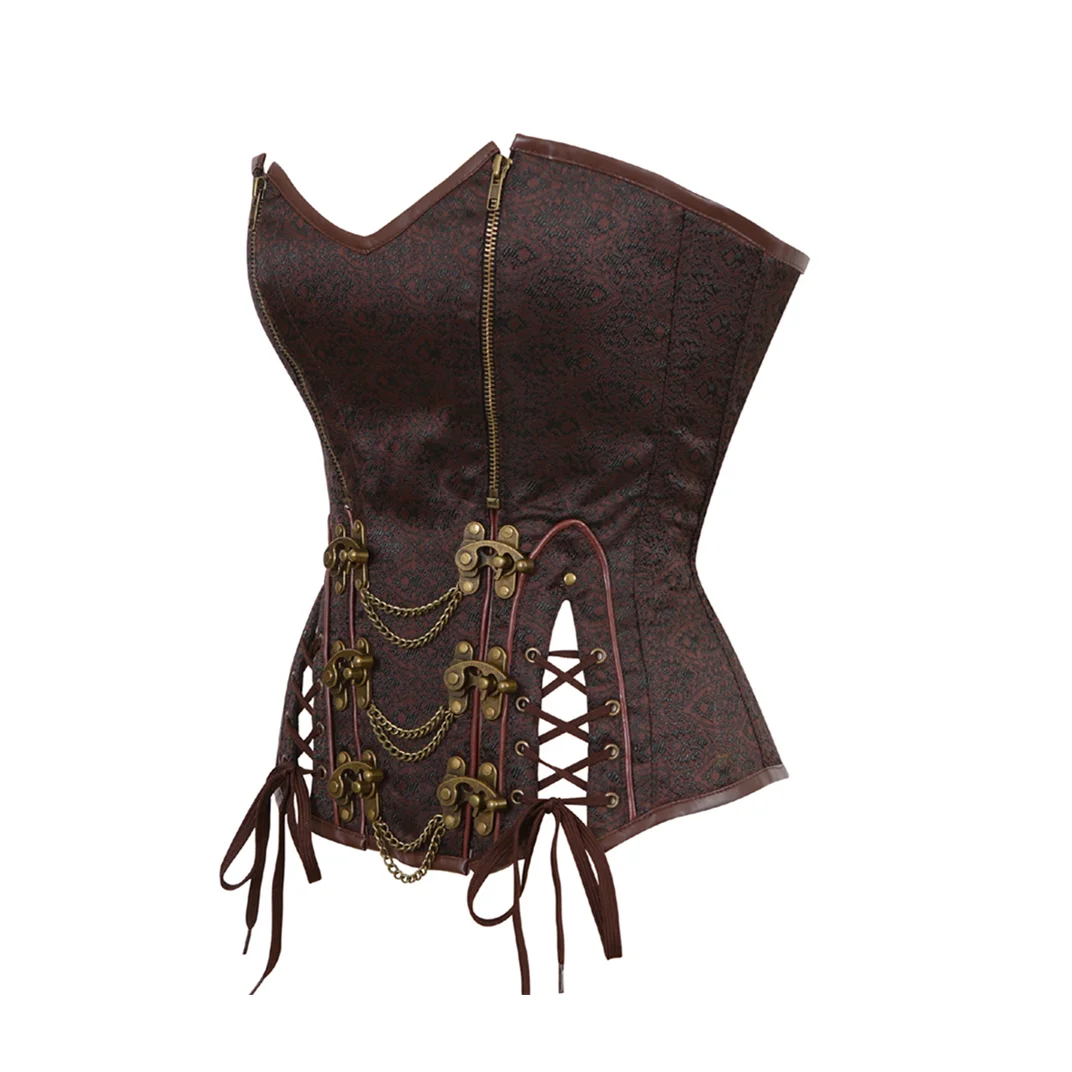 Steampunk Medieval Women Zipper Style Spiral Steel Bone Leather Corset Bustier Top Sexy Gothic Brown  Halloween Party Costume