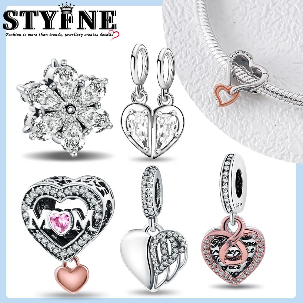 New 925 Sterling Silver Heart & Angel & Splittable Mother & Daughter Dangle Charm Fit Bracelet Necklaces Jewelry Birthday Gift