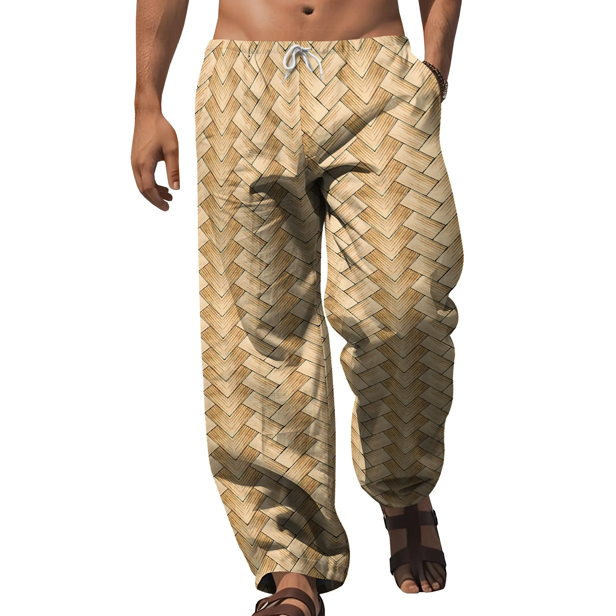 Celana Cetak Tekstur Tenun YEAE untuk Pria Celana Panjang Serut Longgar Kasual Musim Panas