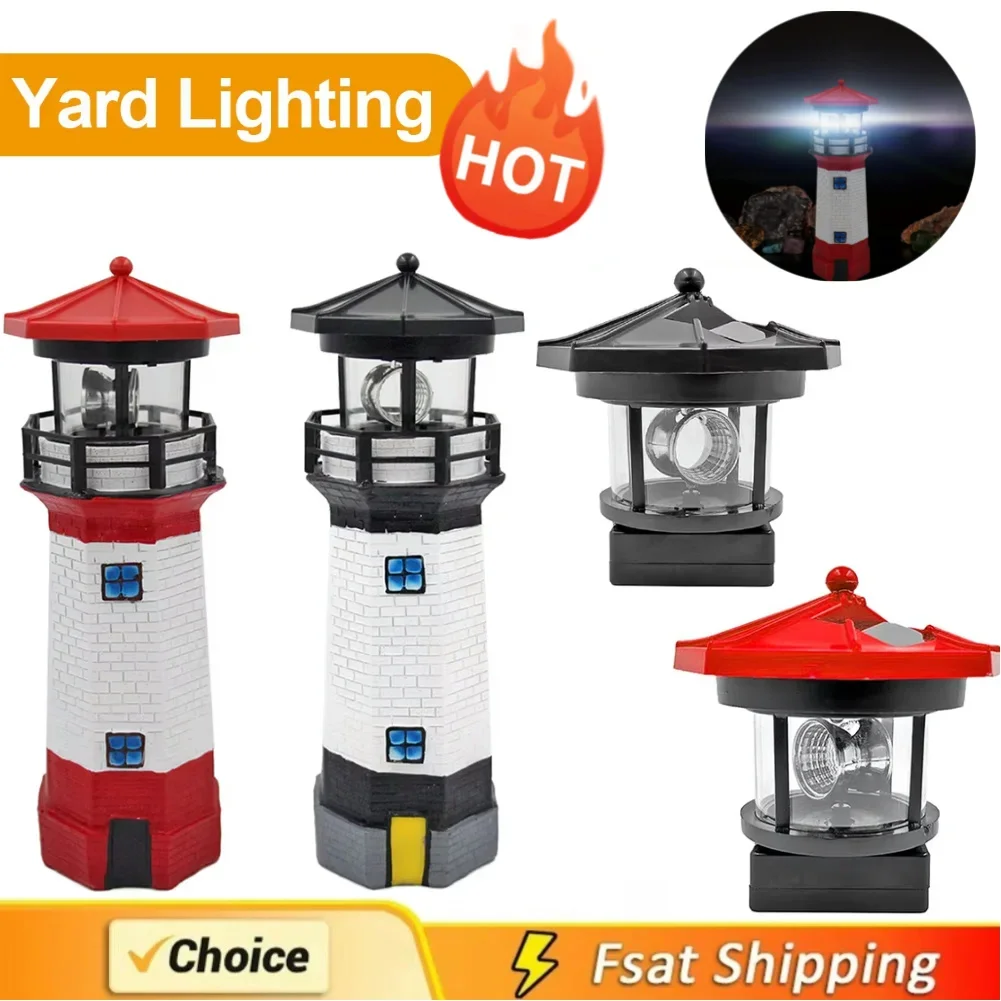 

LED Rotating Lighthouse Solar Light Outdoor Rotating Beam Sensor Beacon Lamp Yard Fence Garden Decoration Creative Xmas Gifts