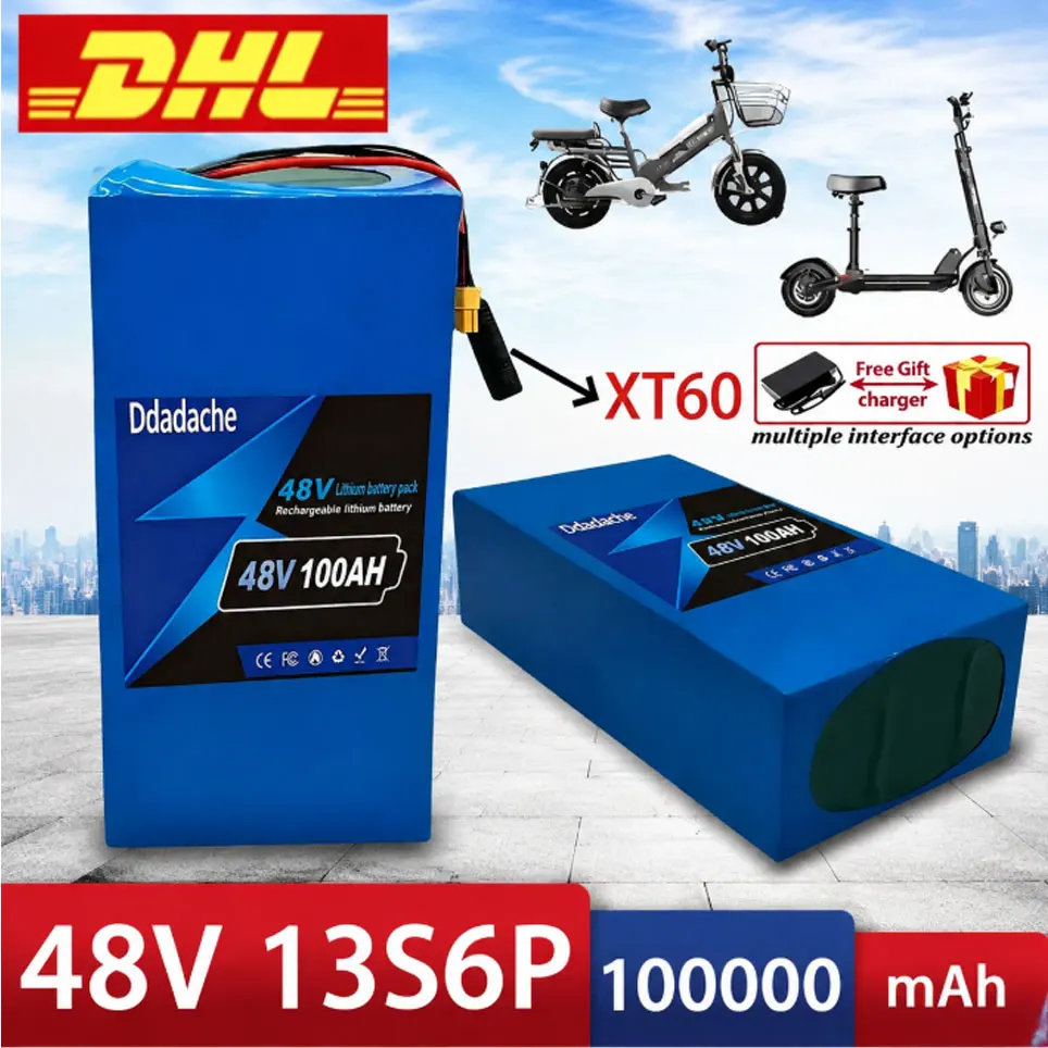 100% neu, original 48V 100Ah 13S6P Lithium-Batteriepack 100000mAh 2000W für Citycoco Motorroller, eingebautes 50A BMS, EU-Lagerbestand, 3-7 Tage Lieferzeit.