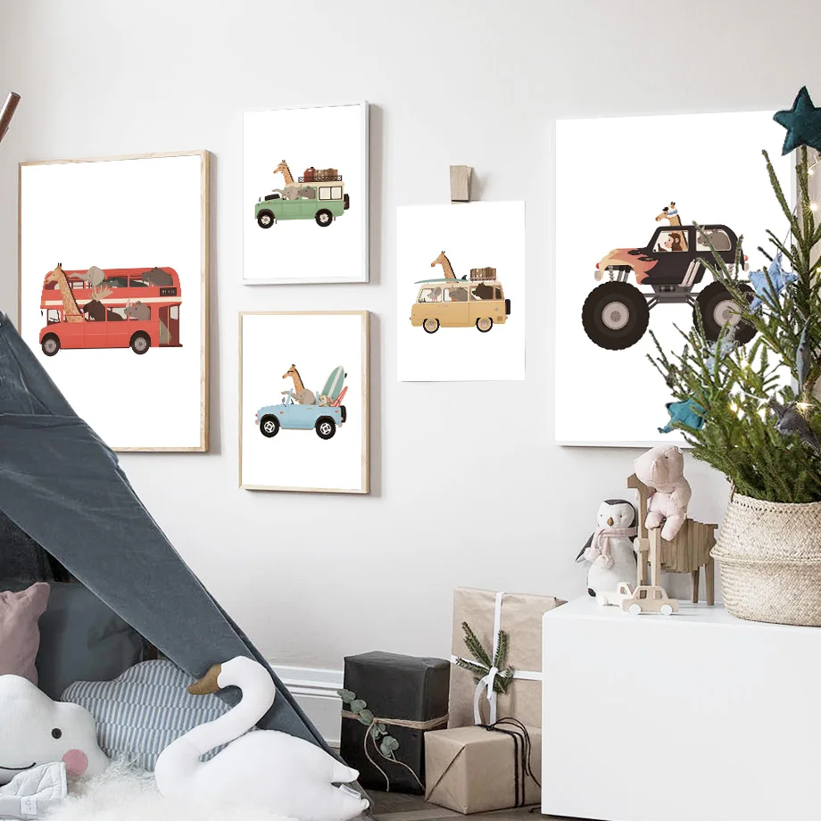 Funny Cartoon Animal Car Bus Art Nursery Wall Poster Print Giraffe Elephant Children Kid Room Canvas Painting Home Decor Picture image 3