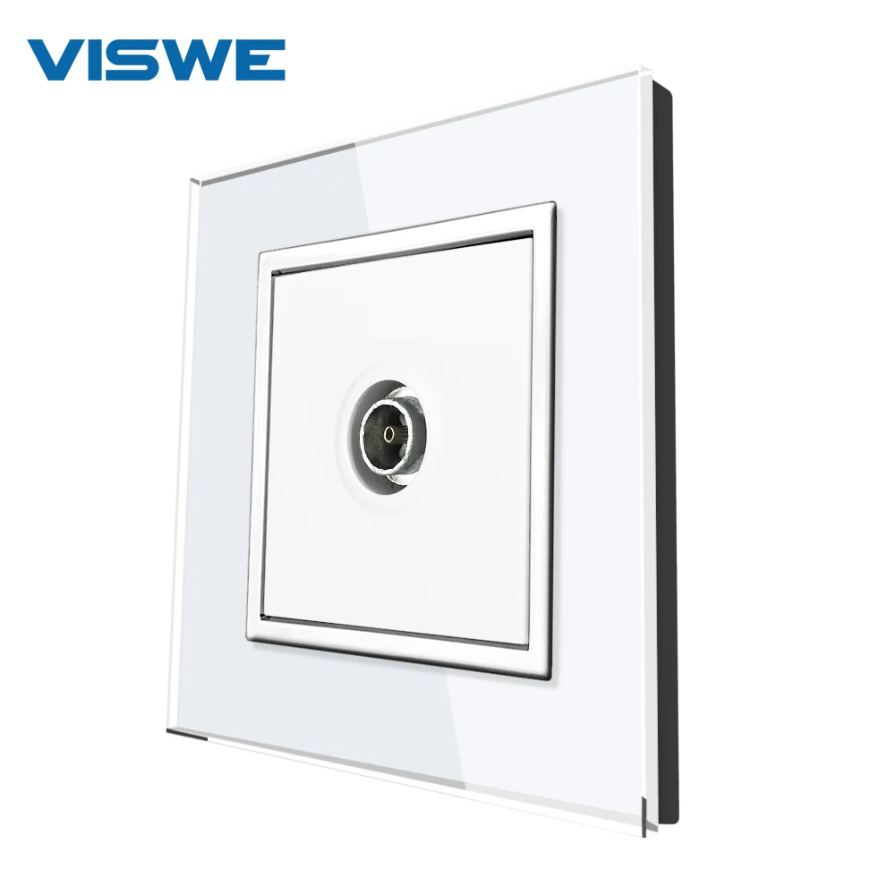 VISWE New Quick Wiring Television Electrical Sockets White Crystal Tempered Glass Panel TV Power Outlet with Mounting Claw