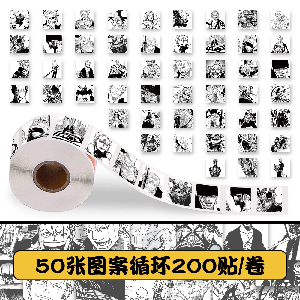 200pcs/Roll 50 Different Patterns One Piece Roronoa Zoro Anime Sealing Sticker DIY PVC Laptop Decals Decoration Reward Gift