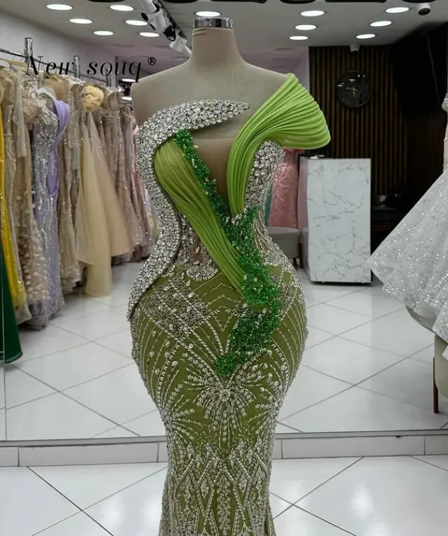 Verde longo formal sereia vestidos de noite com cristais personalizado 2026 um ombro recepção casamento jantar festa vestidos