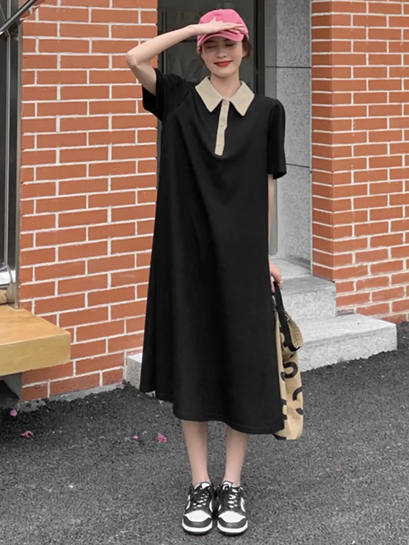 

Summer New Fashion Casual Little Black Dress Polo Collar Button Mid-Length Straight Skirt