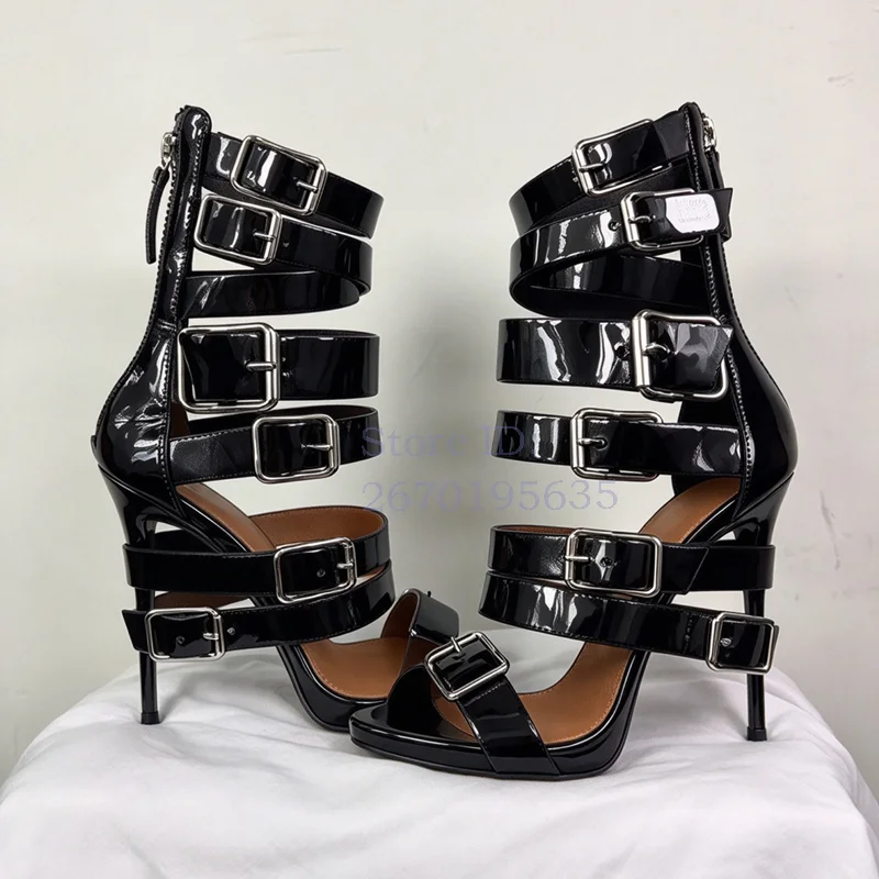 Brown Multi Strap Gladiator Stiletto Sandals Open Toe Gold Metal Buckles Back Zip High Heels 2026 Evening Party Dress Women Shoe