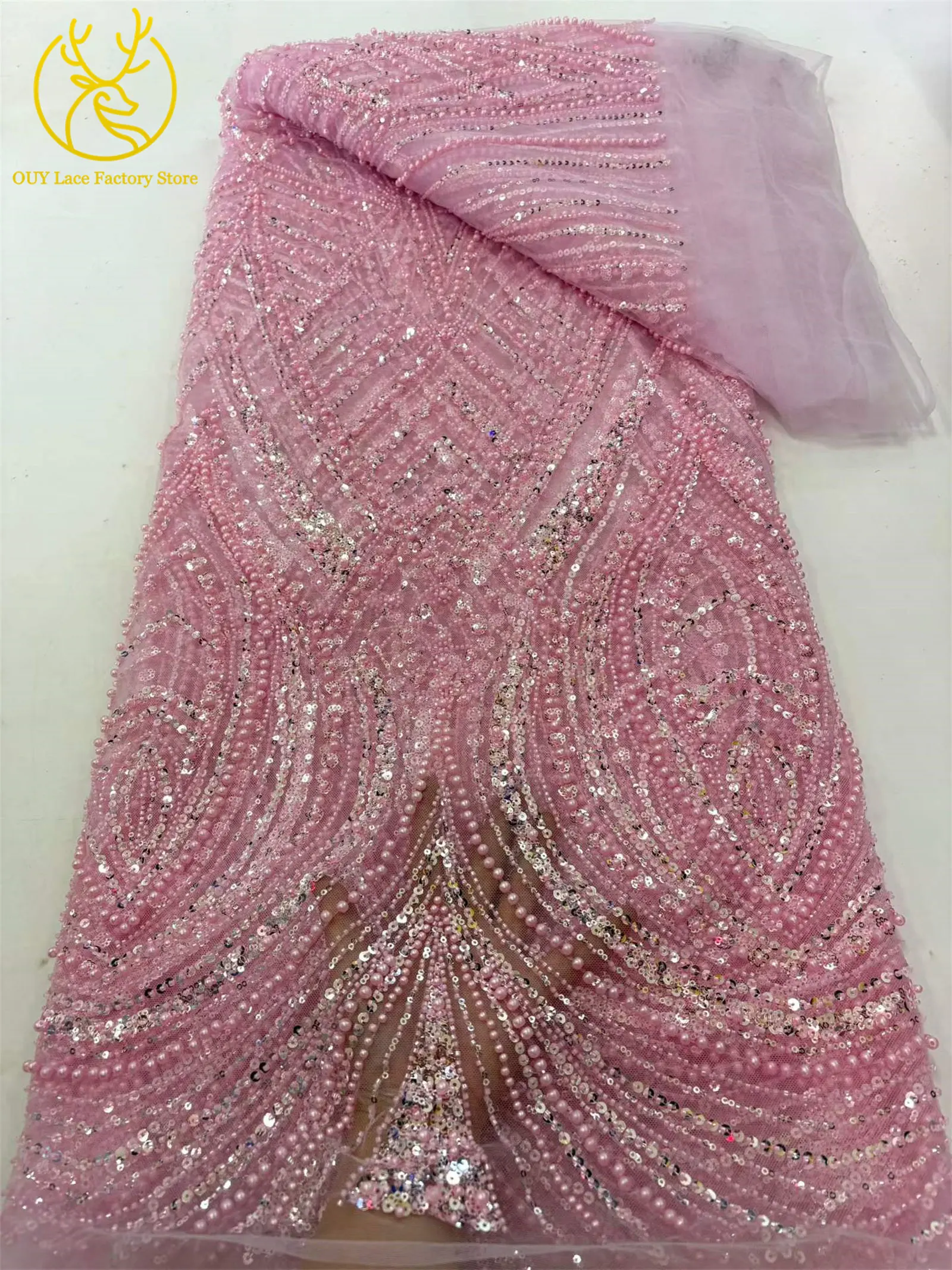 Afrikanischer Perlenstickerei-Spitzenstoff, 5 Yards, hochwertiger, eleganter Pailletten-Spitzenstoff, grün, nigerianisch, für Hochzeits- und Abendkleider – Detail 12