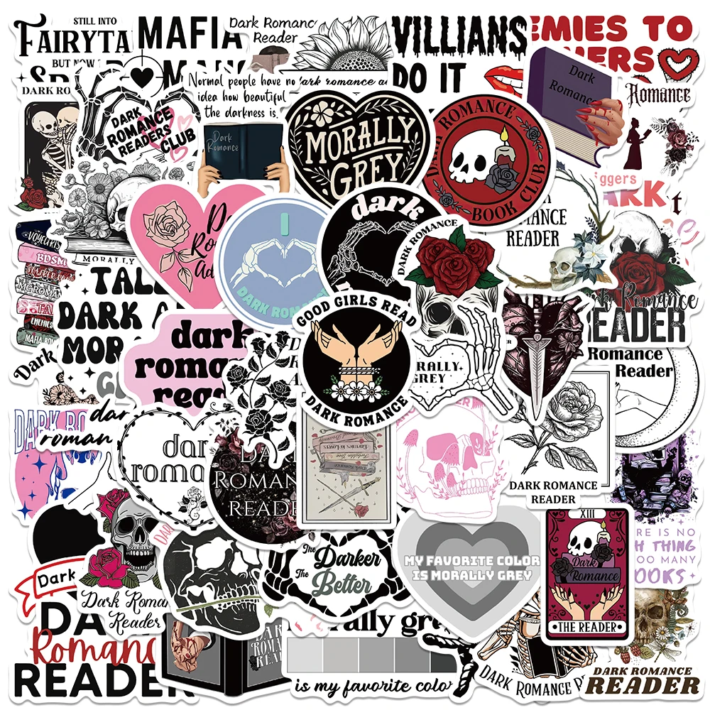 50pcs Waterproof Graffiti Cool Cartoon Skull Dark Romance Reader Stickers For Laptop Water Bottle Luggage Notebook Vinyl Decals