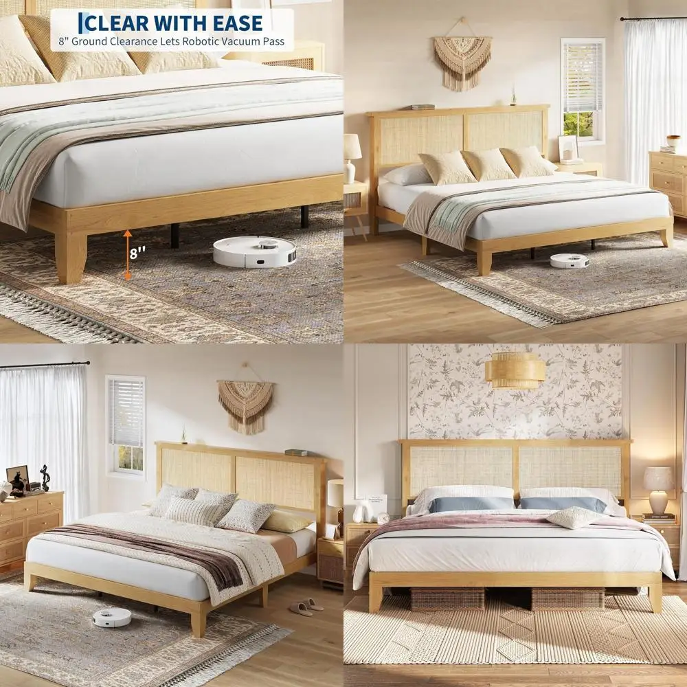 

Кровать размера King-size из натурального ротанга со светодиодной подсветкой, в стиле бохо, с деревянными ламелями, не требует пружинного блока, простая сборка