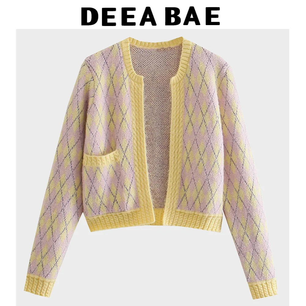 DEEABAE Abbigliamento da donna Trend 2025 Cardigan in maglia a maniche lunghe con motivo a rombi scozzesi dolce e alla moda