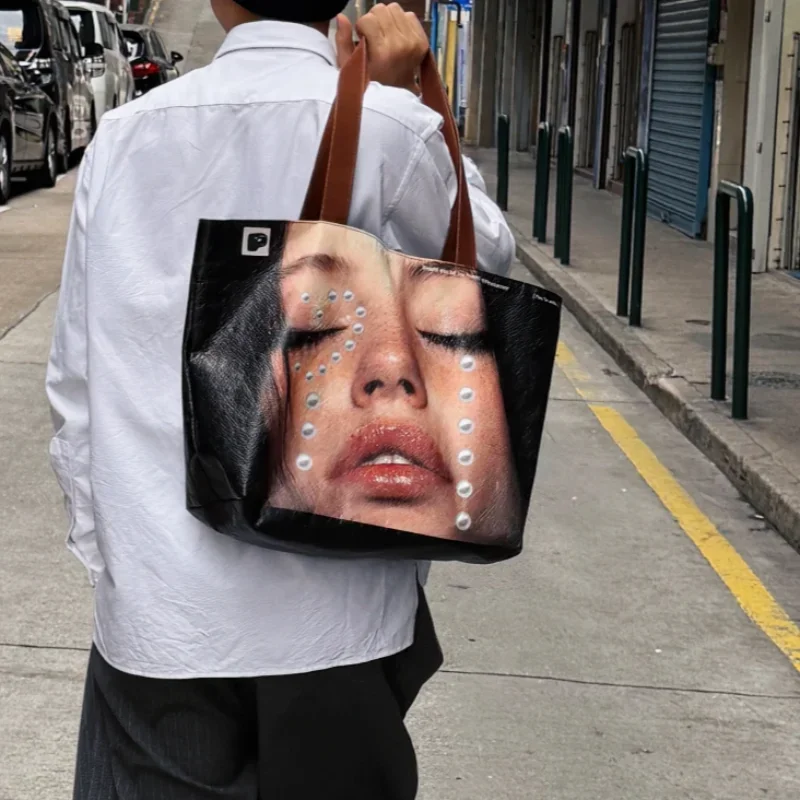European American Portrait Pattern Shoulder Bag Y2k Creative Fashion Large Capacity Handbag New Women Casual Versatile Tote Bag