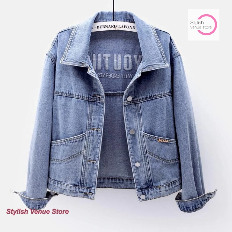 

Denim jacket female Korean version loose spring and autumn Joker new slim embroidered solid color short blue jacket top.