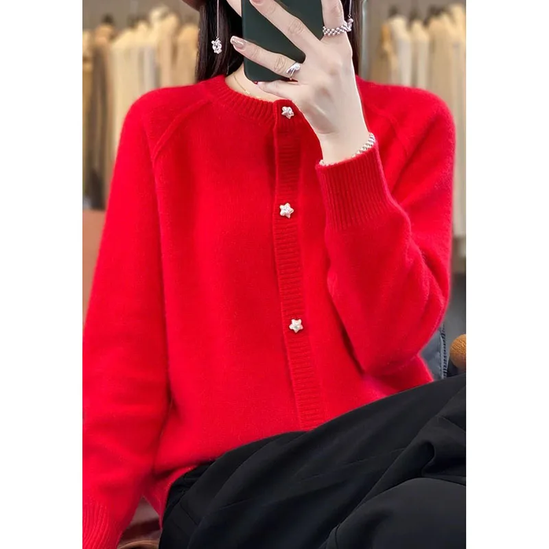 คาร์ดิแกนถักสําหรับผู้หญิง, คอกลม, หัวเข็มขัดดาว, เสื้อกันหนาวลําลองหญิง, เสื้อถัก, แจ๊กเก็ต, ฤดูใบไม้ร่วง, ฤดูหนาว, ใหม่