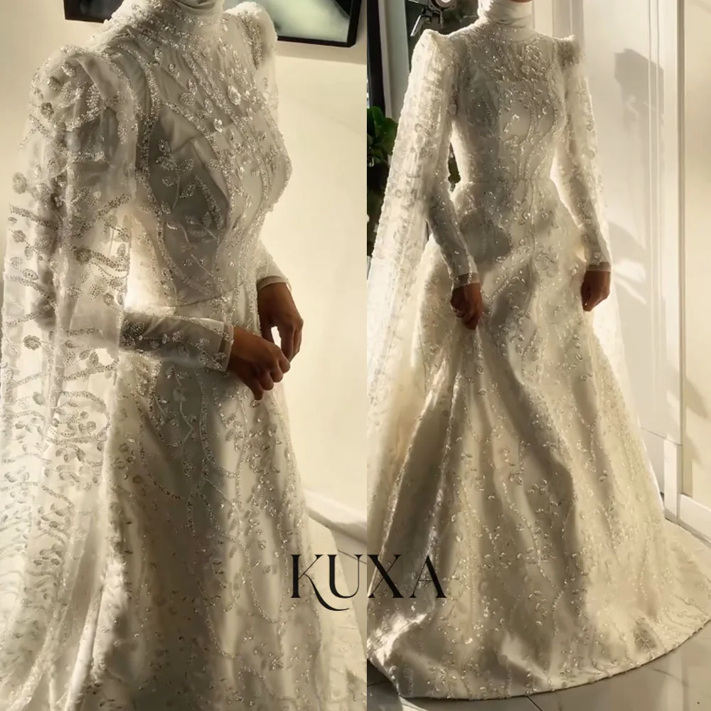KUXA Maßgeschneiderte Luxus-Muslimische Hochzeitskleider Bodenlang mit Langen Ärmeln A-Linie Saudi Kuwait Glänzende Brautkleider Robe De Mariée