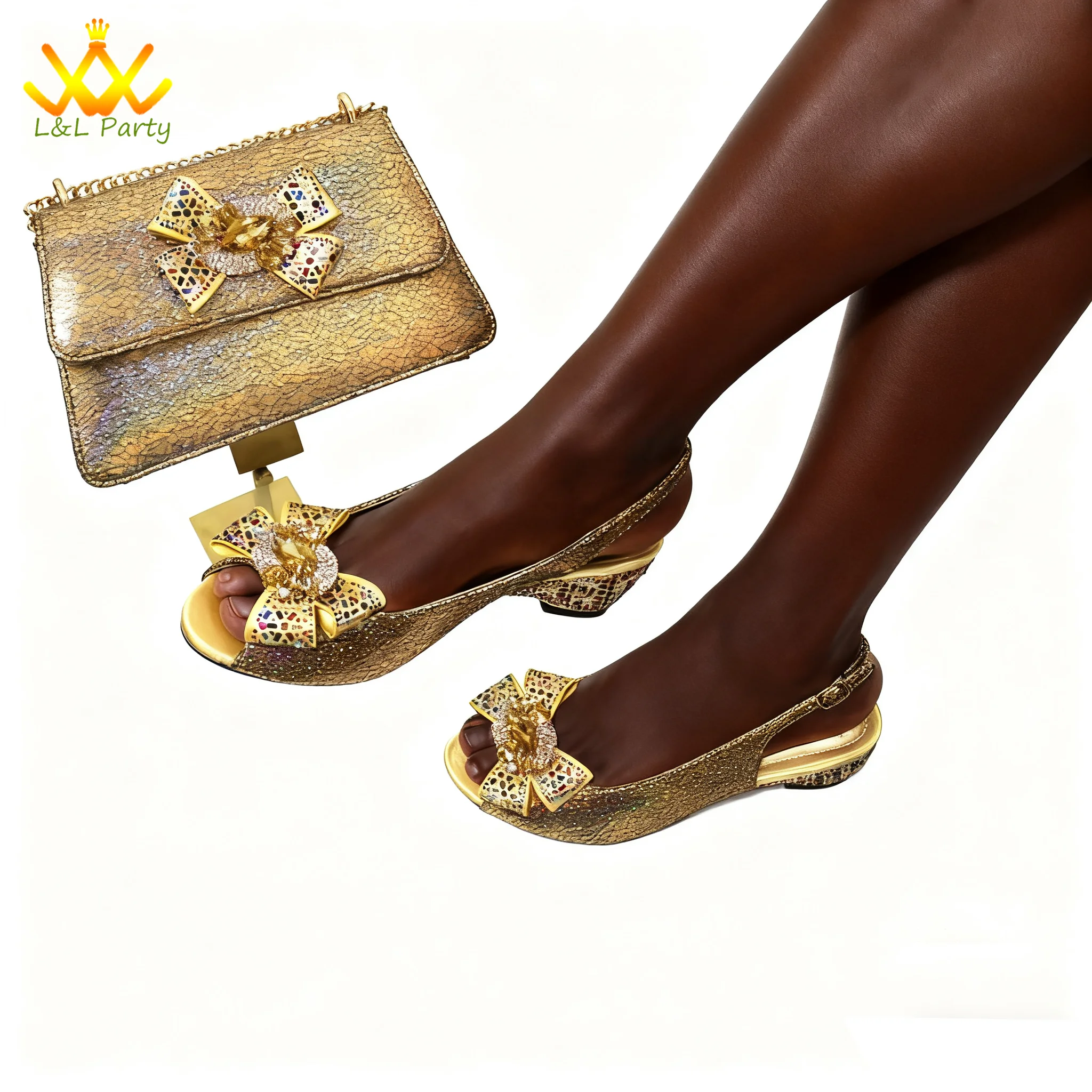 Zapatos y bolso dorados de gran oferta INS de moda africana, tacones de cuña de alta calidad con cristal completo para vestido de novia