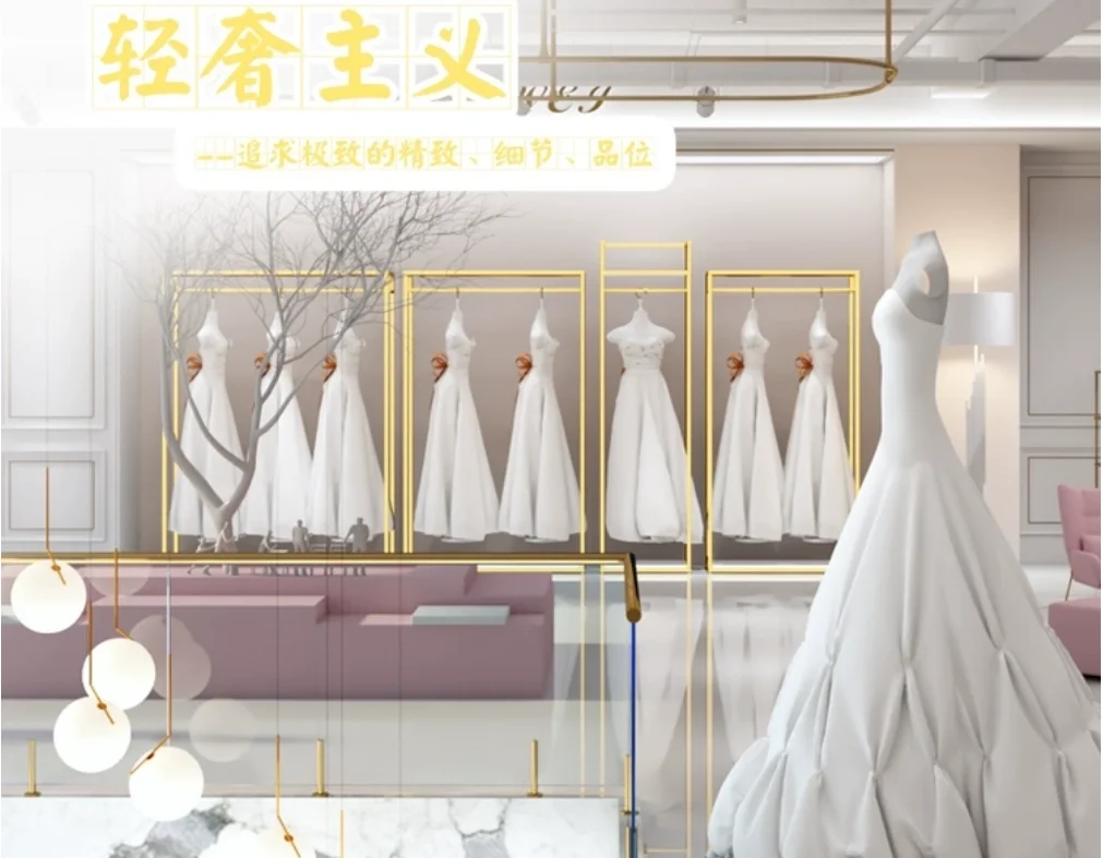 

High end wedding dress store shelves, floor standing clothing store display shelves, golden dress shelves, display hangers