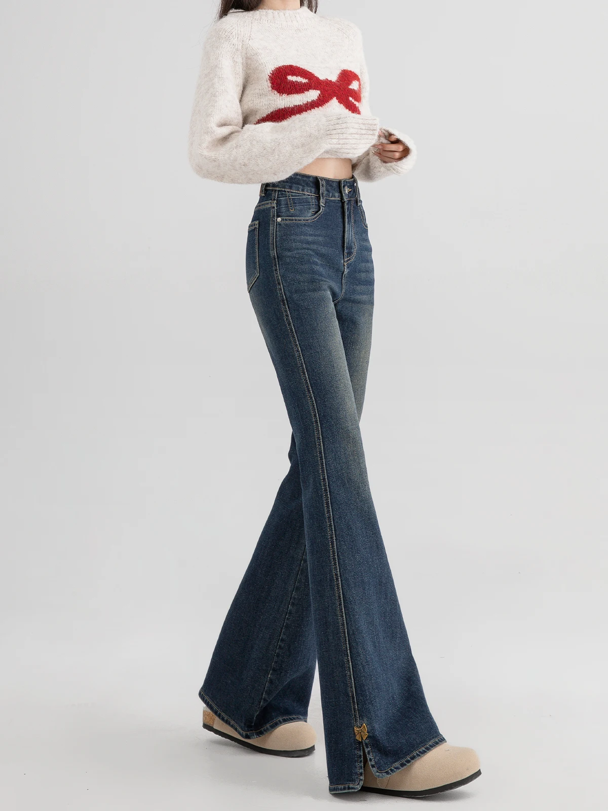 American High Street Flare Denim Jeans Women's Spring Autumn New Large Size Fat Mm Side Slit High Waist  Hoof Floor-leng...