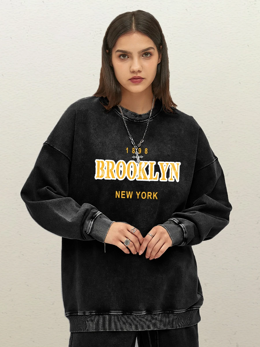 Yellow Brooklyn Letter Prints Women Washed Cotton Sweatshirts Fashion Crewneck Pullover Vintage Oversize Hooded Y2K Clothing