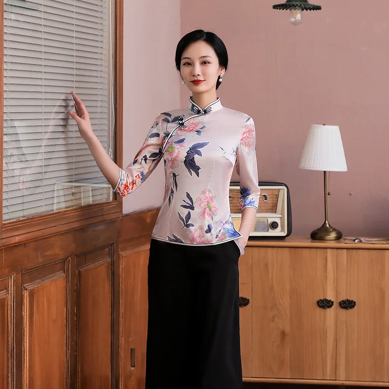 Printed Improved Three-Quarter Sleeve High Quality Real Silk All-Matching Cheongsam Qipao Women's Dress Top Suit