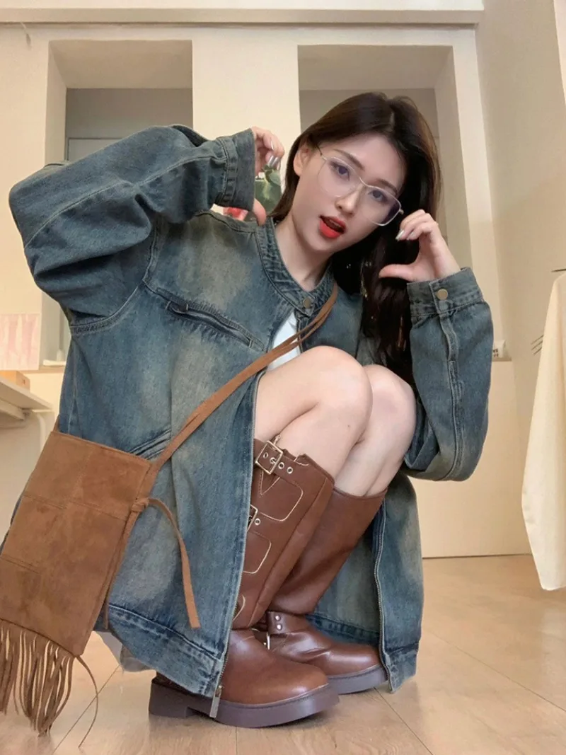 Denim Jackets Women Loose Fit Washed Chic American Retro Slouchy All-match Zipper Trendy Autumn Outwear Daily Streetwear Faddish